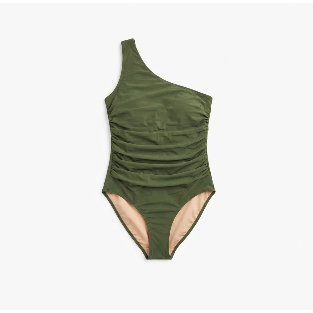 J.Crew One-Shoulder Ruched One-Piece Swimsuit Olive Green Size 18